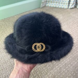 Vtg Womens Black Fur Kangol Eunice Furgora Cloche Bowler Hat Angora Blend Winter
